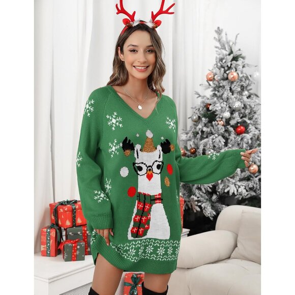 Women's Ugly Christmas V Neck Oversize Long Sleeve Loose Holiday Knit Mini Dress - Picture 2 of 6